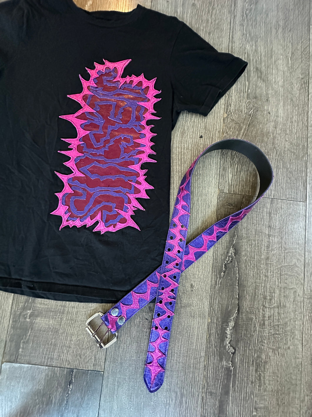 Pink reflective lamb leather with matching lamb leather belt